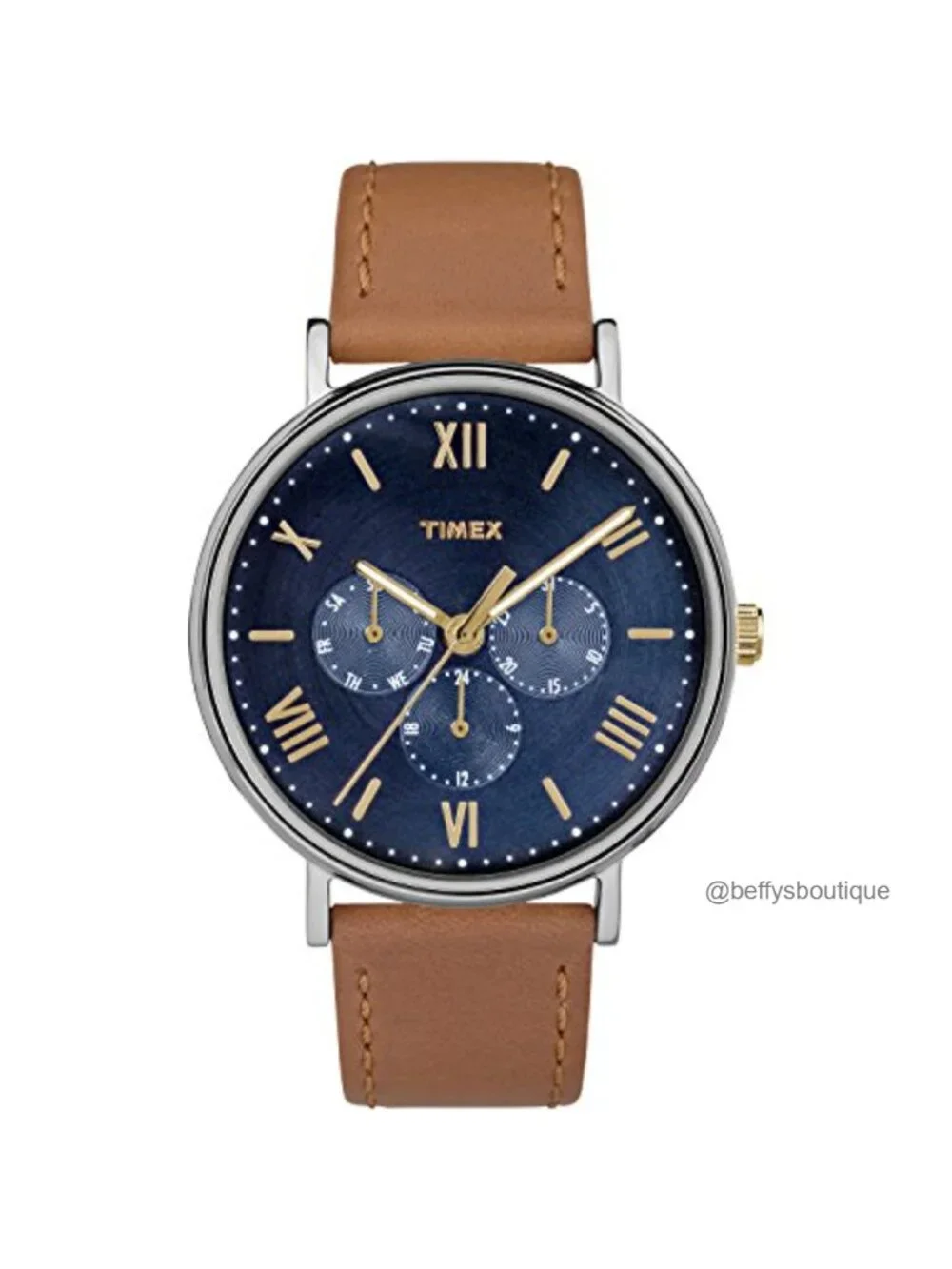 41mm Multifunction Watch with Genuine Leather Strap Mineral Glass Water